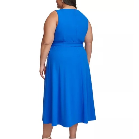 DKNY Blue Waist Belt Button Detail Crew Neck Sleeveless Scuba Crepe Dress Sz 20W - Picture 13 of 15